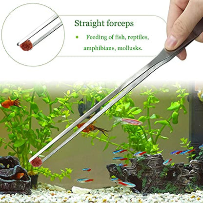 2 Pcs Feeding Tongs, Aquarium Tweezers Straight and Curved Tweezers Set | 27cm/10.6 inches Stainless Steel Aquascaping Tools for Hold Worms, Reptiles, Lizards, Bearded Dragon (Silver)