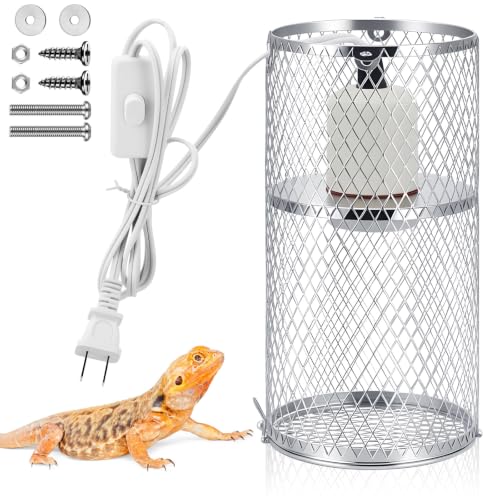 1 Pcs Reptile Heat Lamp Guard with 150W Ceramic Heat Emitter Basking Anti Scald Heating Lamp Holder Mesh Cage Reptile Protection Lampshade for Lizard Snake Without Bulb (4 Inch,White,Silver) - color: White, Silver