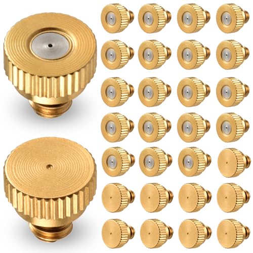 20 Pack Brass Misting Nozzles with 10 Pack Brass End Plugs, 0.02"/0.4mm Orifice 10/24 UNC Thread Replacement Misting Heads for Outdoor Cooling System, Ideal for Patio, Horse Barn, Dust Control
