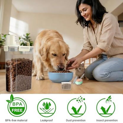 Cat Dog Food Storage Container, 3–5Lbs Portable Pet Food Storage Containers with Cup & Silicone Can Lids for Canned Food Spoon, Small Animal Kibble Dispenser for Bird Seed Cereals Clear/Beige