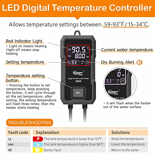 hygger Aquarium Heater 300W/500W/800W/1000W, Submersible Fish Tank Heater | With Digital LED Controller and Intelligent Leaving Water Automatically Stop Heating System, for Freshwater and Saltwater - size: 800W for 80-220 Gallon