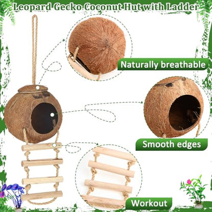 Foilswirl 14 Pcs Gecko Tank Accessories Coconut Hut with Ladder Lizard Coco Hut Reptile Hammock Climbing Hanging Plants Climber Jungle Vines for Bearded Dragon Lizard Chameleon Tortoise Snake