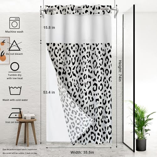 Grey Leopard Print No Hooks Shower Curtain with Snap in Liner Set, Jaguar Skin Seamless Dots Print Tub Curtainn Mesh Top Window & Magnetic Hem Waterproof 35.5X74 Inch - color: Animal Leopard Print Black3, size: 35.4"W x 74"L (Pack of 1)