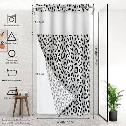 Grey Leopard Print No Hooks Shower Curtain with Snap in Liner Set, Jaguar Skin Seamless Dots Print Tub Curtainn Mesh Top Window & Magnetic Hem Waterproof 35.5X74 Inch - color: Animal Leopard Print Black3, size: 35.4"W x 74"L (Pack of 1)