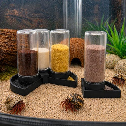 Hermit Crab Feeder with 4 Glass Bottles and Feeding Trays | 4 removable bottles with trays keep crabitat feeding organized. Easy to refill and suitable for hermit crabs and reptiles. - color: Black