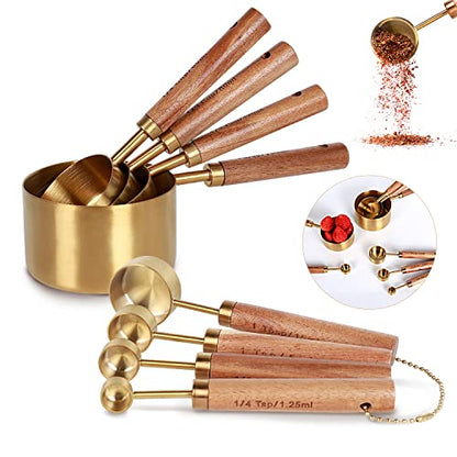 Collection 8 Piece Gold Measuring Cups Set and Measuring Spoons, Golden With fragrant wood Handles-Complete Set of Measure Cups and Spoons For Cooking and Baking.… - color: Gold