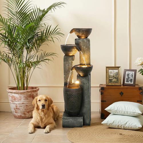 Hamiedun 40''H Water Fountain Outdoor Decor, 4-Tier Crocks Fountains for Outsides with LED Lights, Indoor Waterfalls Fountain for Garden, Patio, Deck, Porch, Backyard and Home Art Decor (40inch) - color: Grey+brown, size: 40inch