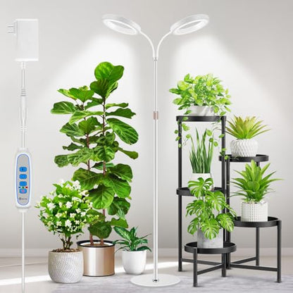 Aumtrly Large Plant Grow Light Indoor, 2 Head Full Spectrum, with 68" Stand | 168 LED, White Floor Growing Lamp for Tall Plant, 6/12/16H Timer, 5 Dimming, Adjustable Height, Flexible Gooseneck,Metal Base - size: 2 head 68inch/white