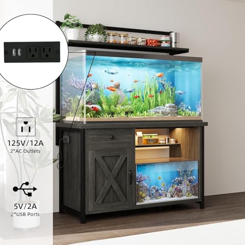 55-75 Gallon Fish Tank Stand with Storage, Aquarium Stand with Shelf, Gray | 49.2 x 19.7 In Top, Upper Shelf, LED Light, 2 Outlets, 2 USB Ports, Metal Frame Support, Turtle Tank Stand, 1100 LBS - color: Gray