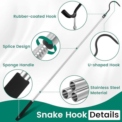 Snake Hook, 35"-65" Reptile Snake Hook Heavy Duty Long for Ball Python Rattlesnakes Rattle Copperhead Removal with Sponge Grip and Stainless Steel Rubber Tip Hook - size: 60inch