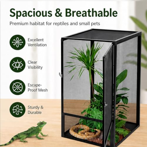 Reptile Cage, 44lbs Capacity Vertical Reptile Terrarium, Front Opening Chameleon Enclosure with 360° Observation, 4 Side Metal Mesh for Beetles Tree Frog Spider Arboreal Reptile 32"x18"x18"