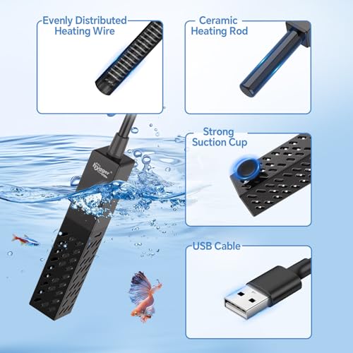 hygger 10W Small Aquarium Heater, Upgraded Ceramic Submersible Fish Tank Heater with 2 Suction Cups, Betta Heater Mini Preset Water Thermostat for up to 3 Gallon Tanks (Preset Temperature 78℉) - size: 10W