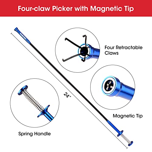 WORKPRO 4PC Telescoping Magnetic Pick Up Tool Kit, For Auto Repair | 24 inches flexible grabber pick up tool, 360° Adjustable Inspection Mirror, 2PC Magnetic Pick Up Tool, Four Claw Grabber Tool