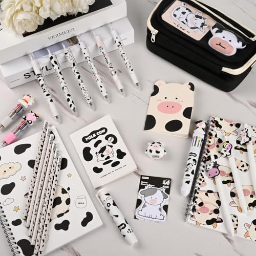 Ulema 36Pcs Cute Cow Stationery Set Birthday Gifts for Boys Girls Back to School and Classroom Rewards Office Supplies with Cow Muticolor Pen, Pencils, Erasers, Sticky Notes etc. - style: Cow