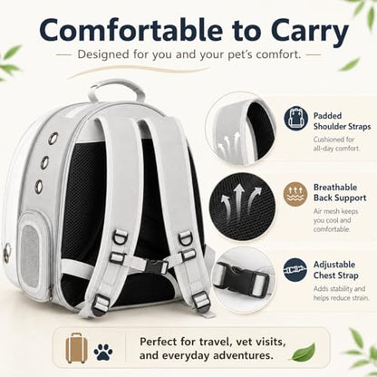 Expandable Cat Carrier Backpack with Bubble Window, Grey | Breathable mesh, anti-collapse frame, side door, safety leash and escape-resistant zippers for vet visits and outdoor travel. - color: Grey