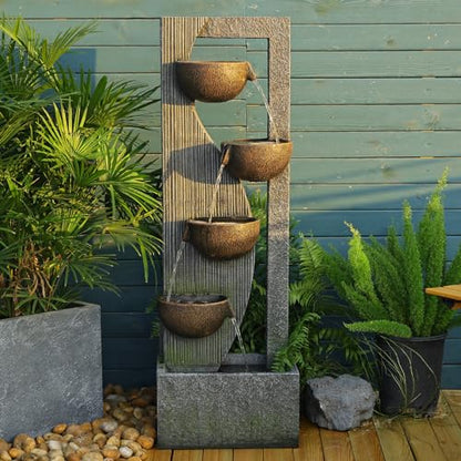 Sunlinua Garden Water Fountains Outdoor 5 Tiered Cascading Bowl Modern Waterfall Fountain with LED Lights, Natural Stones for Garden, Living Room, Patio, Yard Art Decor, 16.3" L * 10.8" W * 49.2" H