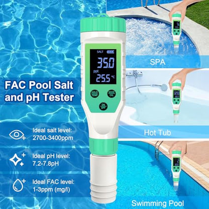 Pool Salt Tester, Digital Pool Water Tester & Pool pH Tester, 7 in 1 FAC Digital Salinity Tester for Saltwater Aquarium Sodium Chloride Swimming Pools Hot Tubs Spas