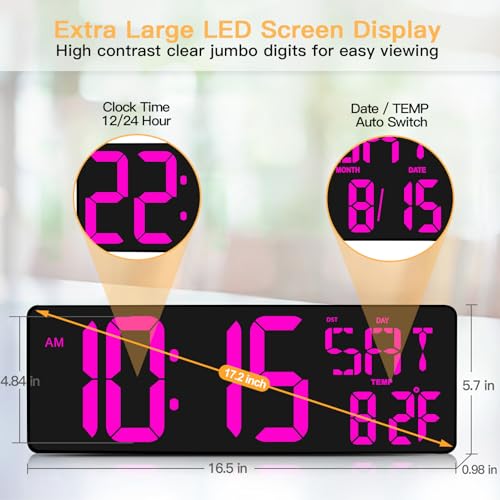 XREXS 17.2 Inch Large Digital Wall Clock with Remote Control | LED Large Display Count Up & Down Timer, Adjustable Brightness Alarm Clock with Day/Date/Temperature for Home, Office, Gym - color: Purple