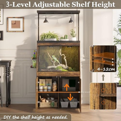 45 Gallon Inclined Reptile Tank with Terrarium Stand, Large Terrarium Reptile Tank Enclosure with Storage Cabinet, Adjustable Shelves and Ventilation Hole Panel, Bearded Dragon Cage, Brown