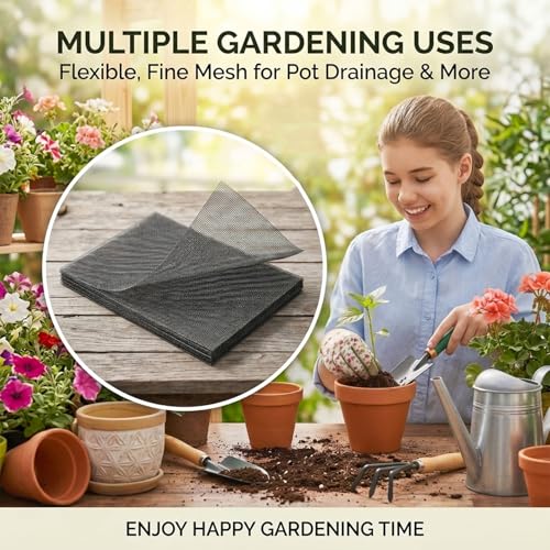 20 Pcs Drainage Mesh for Plant Pots, Mesh for Plants | 12 x 8 Inch Plastic Screen Meshs Pads, Prevents Soil Leakage (Black)