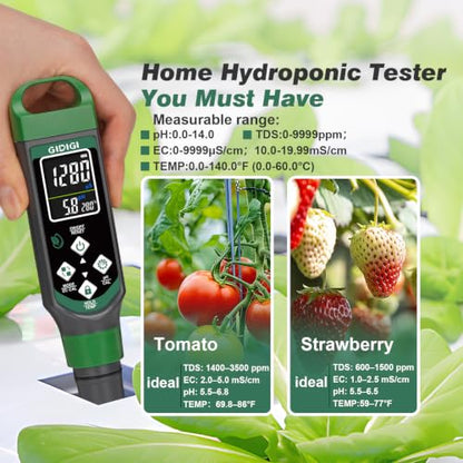 Hydroponic Nutrient Tester pH Meter, Digital TDS PPM Meter for Water | ATC/AAA Battery/Calibration Kit/pH Reset, 4 in 1 EC TDS Hydroponic pH Kit for DWC/NFT/Aeroponic Systems Hydroponic Garden