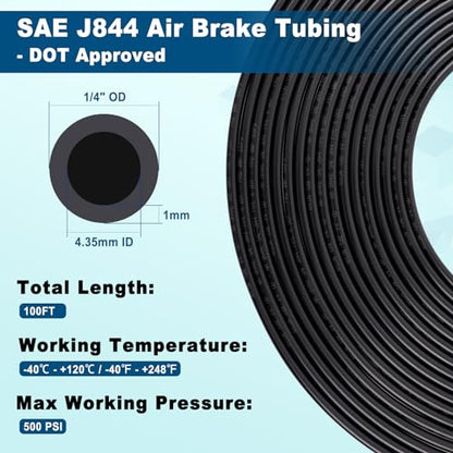 1/4" DOT Air Line, 100FT SAE J844 PA12 Nylon Air Tubing with Cutter | 1/4" DOT-Approved Brake Line, Flexible PA12 Nylon Tubing for Air Suspension Kit, Truck Trailer Brake System & Fluid Transfer - size: 1/4" OD 100FT