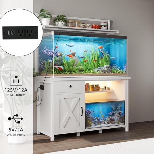 55-75 Gallon Fish Tank Stand with Storage, Aquarium Stand with Shelf, White | 49.2 x 19.7 In Top, Upper Shelf, LED Light, 2 Outlets, 2 USB Ports, Metal Frame Support, Turtle Tank Stand, 1100 LBS - color: White