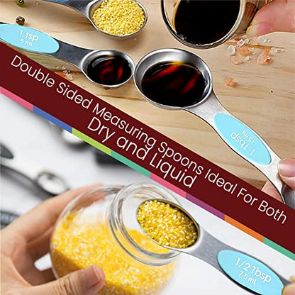 Magnetic Measuring Spoons Set of 9 Stainless Steel Dual-Sided Stackable Measuring Spoon Nesting Teaspoons Measuring Dry and Liquid Ingredients, Fits in Spice Jars Set of 9 (Blue Aqua Sky) - color: Blue (Aqua Sky)