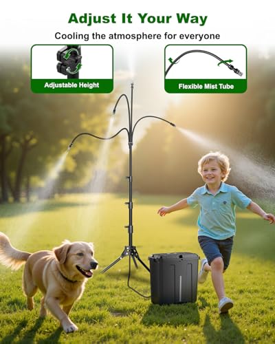 Portable Misting System with Stand, Water Cooling Misters Set for Outside Patio - 9L Bucket Built-in 10000mAh Battery & PCS Pump & Timer for Outdoor, Canopy, Sport, Golf, Beach, Greenhouse, Camp