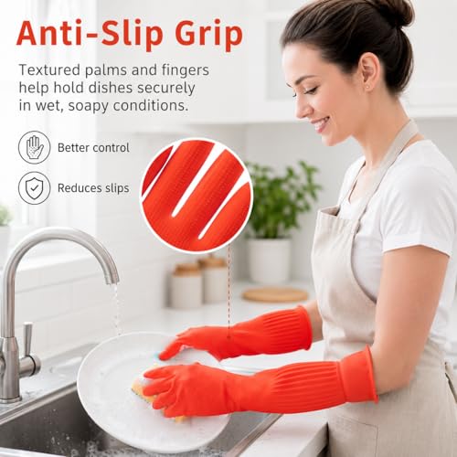 ThxToms Rubber Dishwashing Cleaning Gloves (2-Pair) - Fleece Lined | Reusable Long Dish Gloves for Washing Dishes, Waterproof Kitchen Gloves with Extra-Long Cuff & Anti-Slip Design, Large - size: Large (Pack of 4)