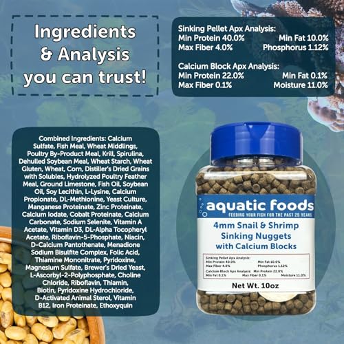 Calcium Blocks Included in Snail & Shrimp, 4mm-3/16 Sinking 40% Protein Nuggets for Snails, Shrimp, Crabs, All Bottom Tropical Fish...2-lbs Jar - size: 2 Pound (Pack of 1)