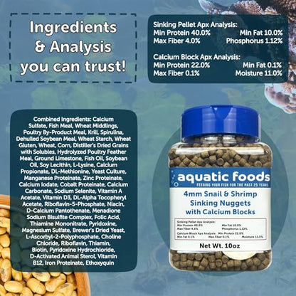 Calcium Blocks Included in Snail & Shrimp, 4mm-3/16 Sinking 40% Protein Nuggets for Snails, Shrimp, Crabs, All Bottom Tropical Fish...2-lbs Jar - size: 2 Pound (Pack of 1)