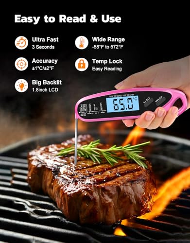 Instant Read Meat Thermometer Digital with Dual Probe | Large Backlit, Food Thermometer for Cooking, Grilling, Smoker, BBQ, Candy, Oil Fry, Pink Kitchen Accessories, Gift for Women - color: Pink