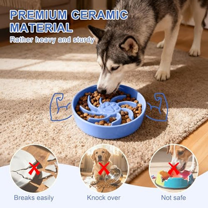 Ceramic Slow Feeder Dog Bowl, 3 Cup Dog Food or 25oz Water, Slow Eating Bowl for Middle Breed, Maze Puzzle Feeder for Fast Eaters, Anti-Choking Stop Bloat, Non-Slip BPA Free (Blue) - color: Blue