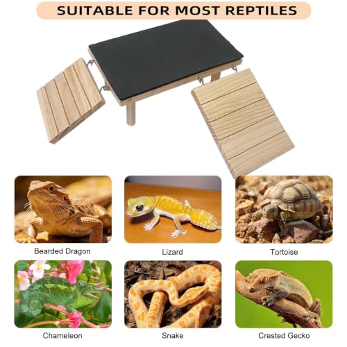 Wooden Bearded Dragon Platform Reptile Basking Platform with Slate Stone Tank Accessories for Leopard Gecko Lizard Turtle Snake (Large, 11.8 × 7.9 Inches)