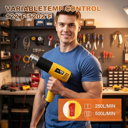 Heat Gun 1600W, Handed Hot Air Gun with 4 Nozzles for Crafting | Fast Heating 122℉-1202℉, 4.26FT Ultra-Long Cable Heat Gun for Crafts, Shrinking Wrapping PVC, Stripping Paint (Yellow)