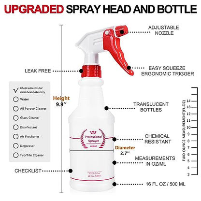 Uineko Empty Spray Bottles, Heavy Duty Sprayer, Mist & Stream, 4 Pack 16 Oz | Professional Spray Bottle, Leak-Proof, Better Trigger, Measurements, All-Purpose for Cleaning Solutions, Planting, Detailing - size: 16 Oz, 4 Pack