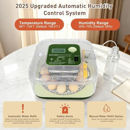 Series IV - 12 Egg Fully Automatic Incubator, Low Maintenance, Intelligent Sensor-Based Precise Humidity & Temp Control, Custom-Interval Auto Turn & Auto Stop, Preset Incubation Days, Candler, Alarms - size: New 12-Egg Green