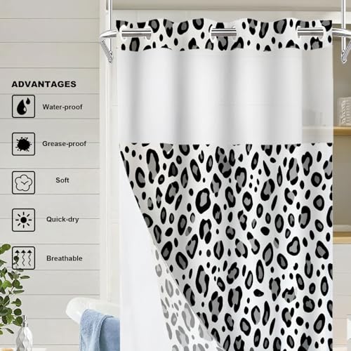 Animal Snow Black Grey No Hooks Shower Curtain with Snap in Liner Set, Leopard Print Pattern Animal Print Design Tub Curtainn Mesh Top Window & Magnetic Hem Waterproof 35.5X74 Inch - color: Animal Dapple Black2, size: 35.4"W x 74"L (Pack of 1)