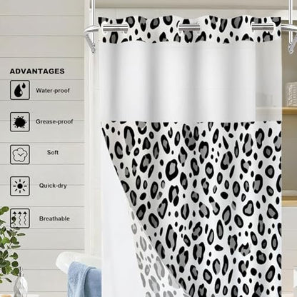 Animal Snow Black Grey No Hooks Shower Curtain with Snap in Liner Set, Leopard Print Pattern Animal Print Design Tub Curtainn Mesh Top Window & Magnetic Hem Waterproof 35.5X74 Inch - color: Animal Dapple Black2, size: 35.4"W x 74"L (Pack of 1)