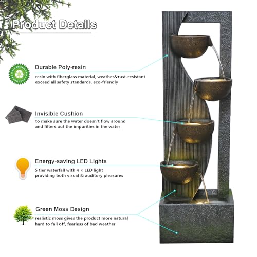 Sunlinua Garden Water Fountains Outdoor 5 Tiered Cascading Bowl Modern Waterfall Fountain with LED Lights, Natural Stones for Garden, Living Room, Patio, Yard Art Decor, 16.3" L * 10.8" W * 49.2" H
