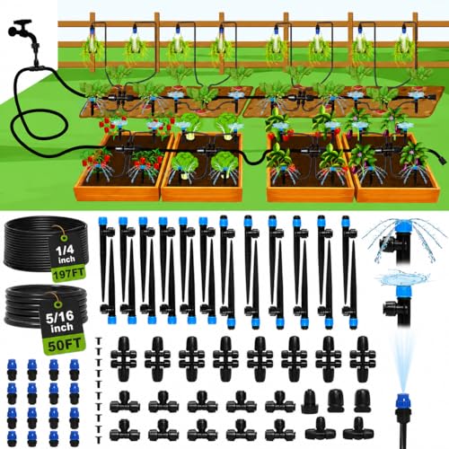 Drip Irrigation System Kit for Garden Watering, 247FT Quick Connect | For Garden, Raised Beds, Greenhouses, with 50FT 5/16" Mainline + 1/4" Tubing + 40 Emitters, 20-45 PSI and up to 40 GPH - size: 247 FT - 50 FT 5/16" Tubing + 197 FT 1/4" Tubing