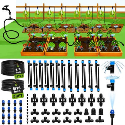 Drip Irrigation System Kit for Garden Watering, 247FT Quick Connect | For Garden, Raised Beds, Greenhouses, with 50FT 5/16" Mainline + 1/4" Tubing + 40 Emitters, 20-45 PSI and up to 40 GPH - size: 247 FT - 50 FT 5/16" Tubing + 197 FT 1/4" Tubing