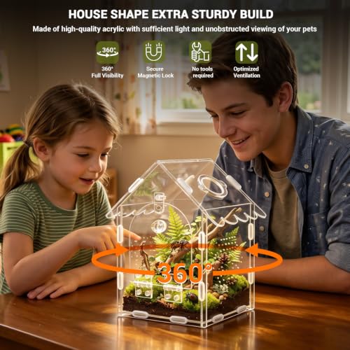 Jumping Spider Enclosure Acrylic Terrarium with Magnetic Lock, Feeding Port | Ventilation，Accessories Included，360° Clear View，Easy to Assemble，Ideal for Mantises Tarantulas Snails