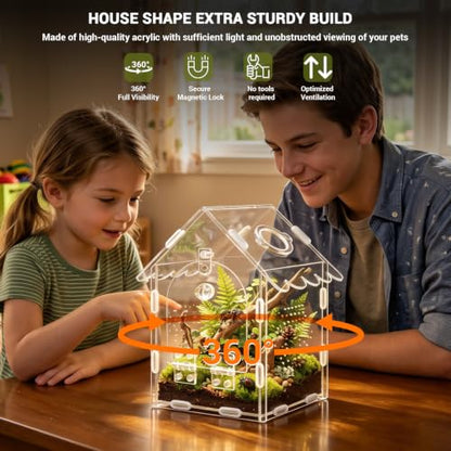 Jumping Spider Enclosure Acrylic Terrarium with Magnetic Lock, Feeding Port | Ventilation，Accessories Included，360° Clear View，Easy to Assemble，Ideal for Mantises Tarantulas Snails