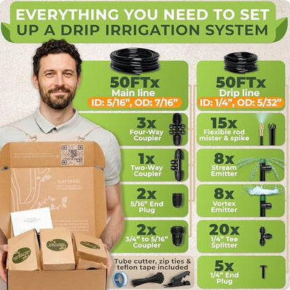 Drip Irrigation System Kit with Atomizing Copper Nozzles 100 feet | For Raised Beds or Greenhouse with 15 pcs 360° Atomizing Nozzles + 16 pcs Adjustable Drip Emitters + 5/16" and 1/4" Tubing - size: 15 Atomizing Nozzles + 16 Sprinklers + 100 feet
