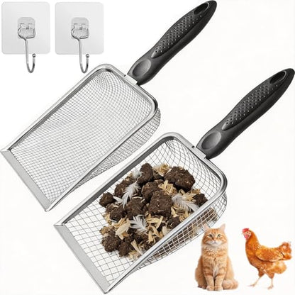 Chicken Coop Poop Scooper 2 Pack, Stainless Steel Sifting Shovels | 3.8mm & 5mm Mesh Sand Sifting Litter Shovel Tool for Chicken Coops Sand, Cat Litter and Bedding Cleaning, 2 adhesive hooks
