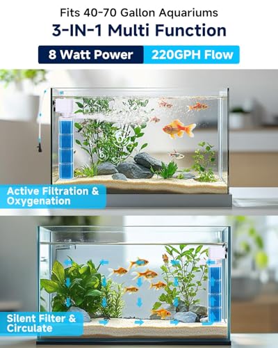 fishkeeper 4-in-1 Mutil Stage Aquarium Power Filter, 6W/8W/13W, 20-100Gal | Quiet Submersible Fish Tank Filter with Filtration/Bubbler/Oxygenation/Wavemaker Function, Adjustable Air Flow, Sponge Filter - size: 13W (for 70-100Gal)