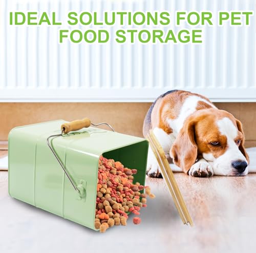 Dog Food storage container Dog Treats Jar,5~6 lb Metal food treats tin for Dog, pet snacks Canisters with wooden lid/handle/sevice scoop-Green - color: Dog-Green