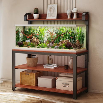 Adjustable Height Metal Aquarium Stand with Storage Shelf, Open Design for Home & Office, Sturdy Support for Fish Tanks, Versatile Display Solution, Modern Décor Accessory,Black+brown,80x50x